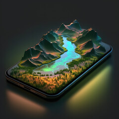 Smartphone with a view of the mountains and river, 3d terrain map. AI generated image.