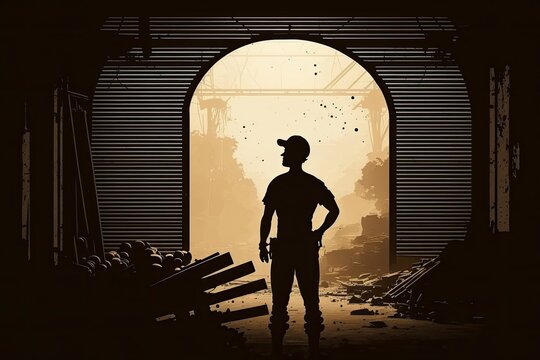 Silhouette construction worker. Illustration vector design of World Labour day 1 May. Silhouette of laborer working in factory. Image for hard working or Labor Day concept. Generative AI