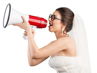 Beautiful brunette bride in white wedding dress with megaphone on white background