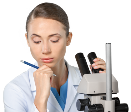 Young Female Scientist Working with Microscope on white background