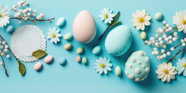 Happy Easter concept. Easter eggs decorations set in pastel colors spring floral design festive 3d background, copy space. Holiday sale special season promotions template, AI generative.