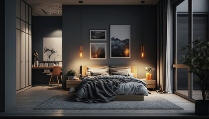 A contemporary and chic bedroom with a gray color scheme and warm lighting. The space is accented with natural wood elements, creating a cozy and inviting atmosphere. generative ai