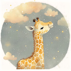 Naklejki  Watercolor illustration of a giraffe in night sky. Generative AI