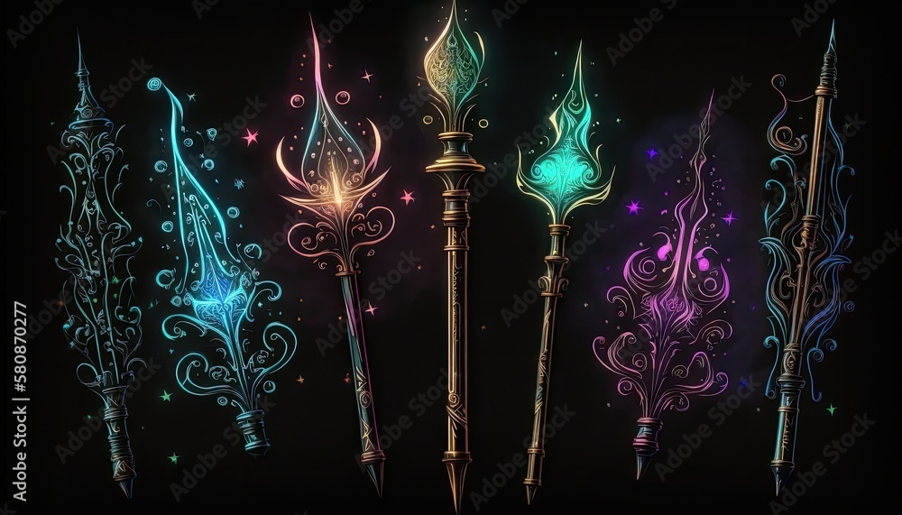 Wall mural a set of magical wands, each with a unique design and glowing aura, arranged haphazardly on a pitch-