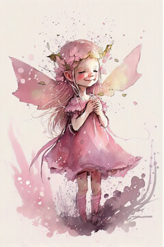 Watercolor illustration of a fairy in pink clothes.. Generative AI