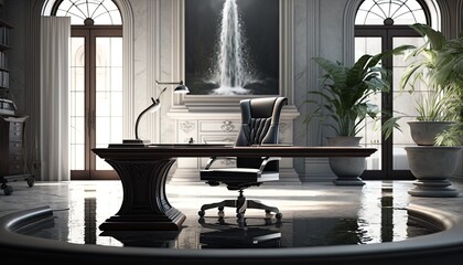 A sleek office setup with a modern desk and ergonomic chair placed in front of a large water fountain. HD, realistic, natural lighting. generative ai