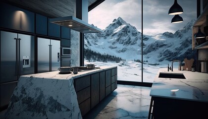 A stylish and modern kitchen with a marble island and high-end appliances, set on a snowy mountain with a clear blue sky. (Lighting type: Soft) generative ai
