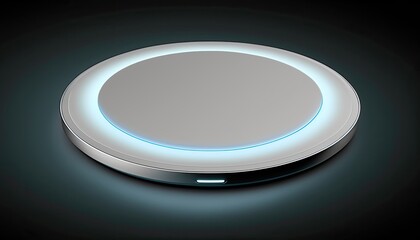 A white wireless charging pad with a blue LED light, sitting on a black background with a subtle gray gradient. generative ai
