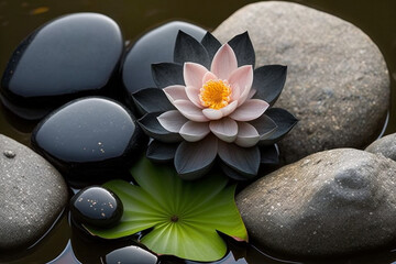 Obraz na płótnie Canvas Lotus Flower With Spa Stones In Rock Garden, generative ai