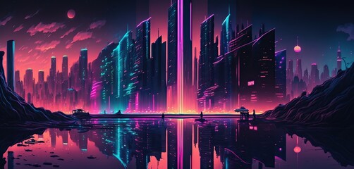 Heart of city towering skyscrapers reflected in river of vibrant neon lights creating a futuristic landscape that felt both surreal and awe inspiring, created with Generative AI technology