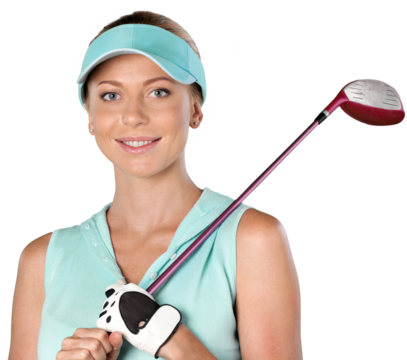 Portrait of beautiful sporty young girl standing with golf brassy on a white background