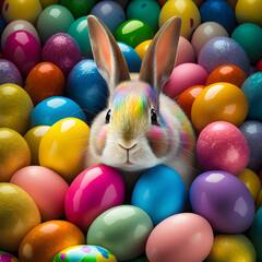 Fototapeta na wymiar Cute easter bunny surrounded by colorful eggs