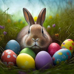 Cute easter bunny surrounded by colorful eggs