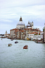 View of the grand canal from the academy bridge in venice, blue sky, Italian architecture