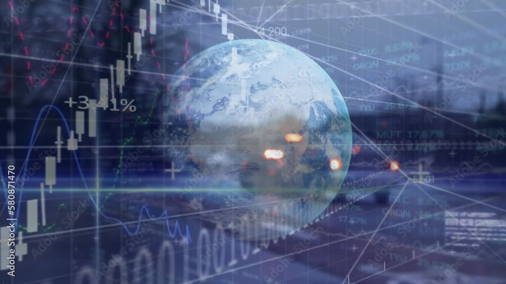 Poster animation of cityscape, binary coding, financial data processing over globe