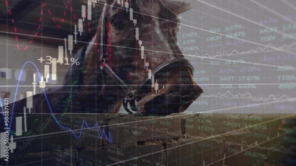 Poster animation of horse, binary coding, financial data processing over globe