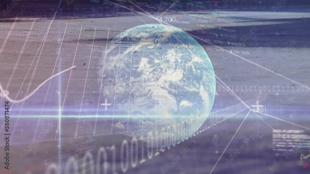 Poster animation of people walking, binary coding, financial data processing over globe