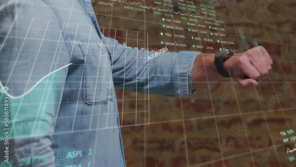 Poster animation of caucasian man checking time and financial data processing