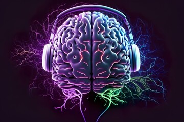 Brain with headphones, neon glowing. Music Therapy Concept.
