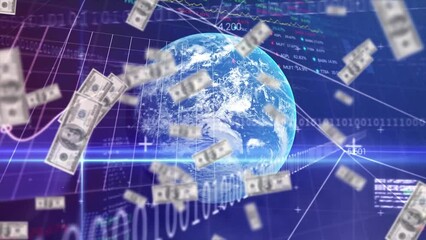 Animation of american dollar bills, binary coding, financial data processing over globe - Powered by Adobe