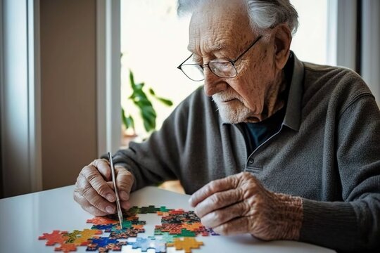 Grandpa With Pencil In Left Hand Thinking Under Crossword Puzzle On Kitchen Table. Ai Generated.