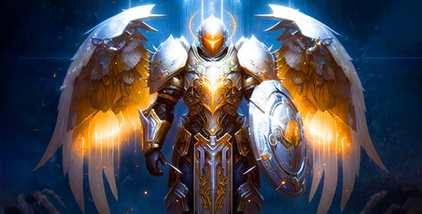 Golden paladin holy defender with armor wings.  Fantasy image created with generative ai. 
