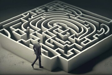 Illustration of a man entering a maze, puzzle concept. Ai generated.
