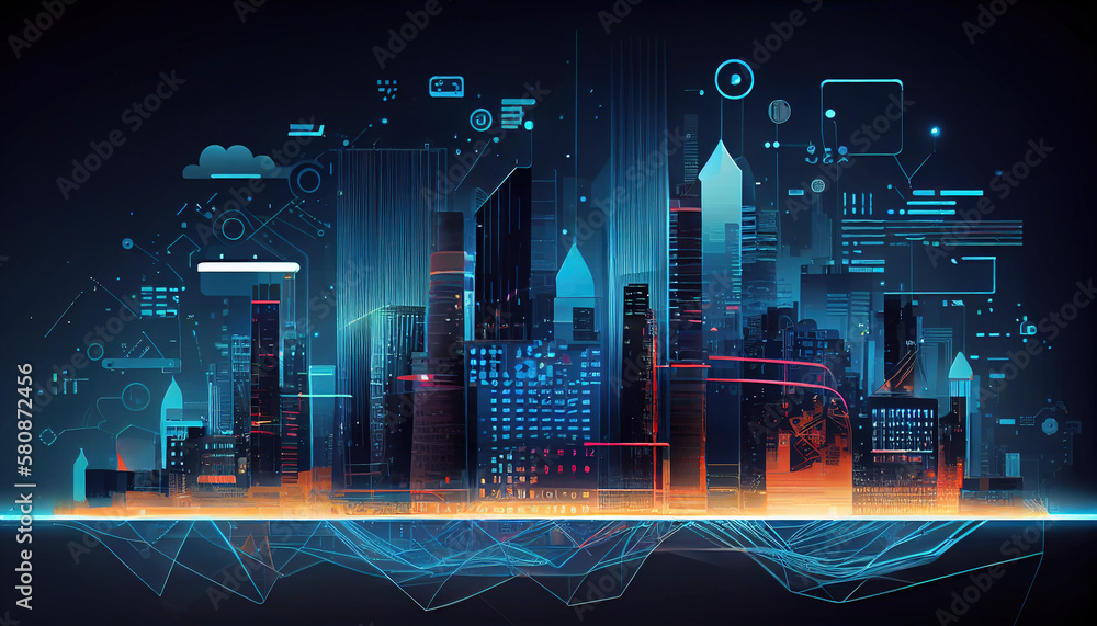 Poster smart city digital technology, internet network connection, digital marketing iot internet of things