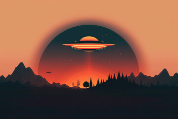 Minimal UFO Spaceship Flying Saucer Alien Beaming to Earth Landscape Smoke Clouds Space Generative AI