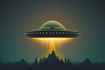 Fototapeta na wymiar Minimal UFO Spaceship Flying Saucer Alien Beaming to Earth Landscape Smoke Clouds Space Generative AI