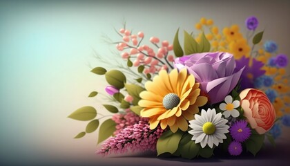 colorful vibrant bouquet of various flowers, Mother's day greeting design with beautiful Spring flowers, banner for 8 march