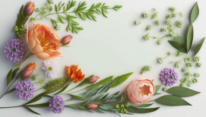 Fototapeta na wymiar Floral border, on pastel isolated background, Beautiful flowers on white background, Mother's day greeting design with beautiful Spring flowers, banner for 8 march