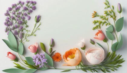 Floral border, on pastel isolated background, Beautiful flowers on white background, Mother's day greeting design with beautiful Spring flowers, banner for 8 march