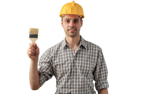 Funny Male Construction Worker in an orange helmet with a brush