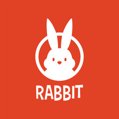 Cute White Rabbit Bunny Hare Mascot Character Cartoon Round Circle Emblem Logo Vector Icon Illustration