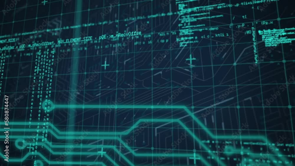 Poster animation of grid pattern over computer language against circuit board pattern on black background