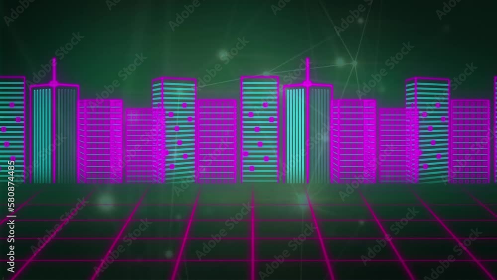 Poster animation of 3d model buildings on grid pattern over connected dots against black background