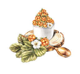 Watercolor composition with cloudberries in a vase, with leaves, a copper spoon, a saw cut of a tree on a white