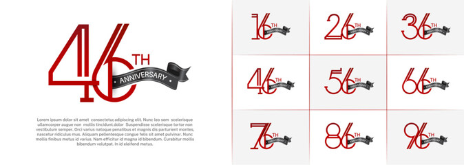 set of anniversary logotype red color with black ribbon on white background for special celebration event