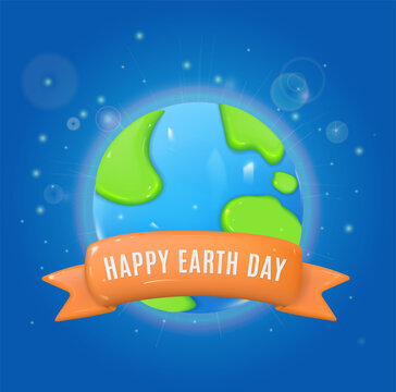 Earth icon with text and background. Glossy 3d planet earth in cartoon style. High quality vector graphics