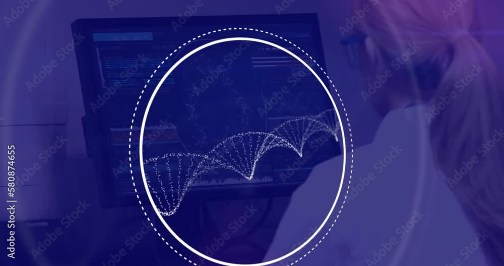Aufkleber animation of dots forming dna helix in circles over caucasian female scientist working on computer