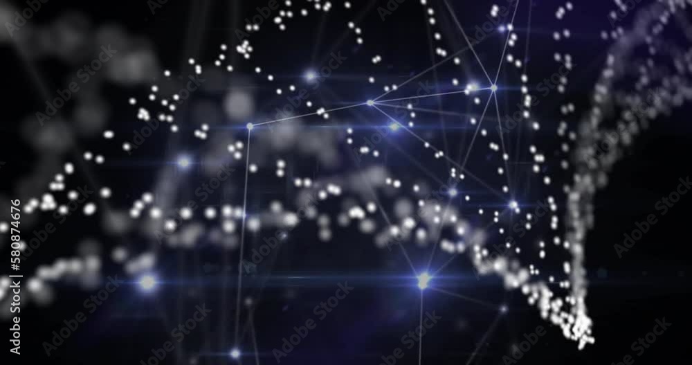 Poster animation of dots forming dna helix over dots connected with lines against black background