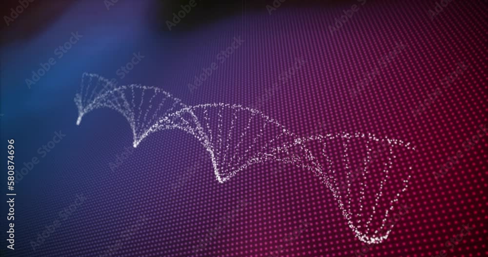 Poster animation of dots forming dna helix over dotted gradient background