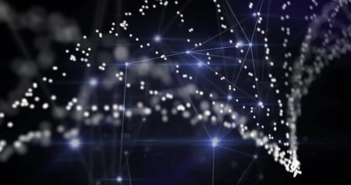 Animation of dots forming dna helix over dots connected with lines against black background
