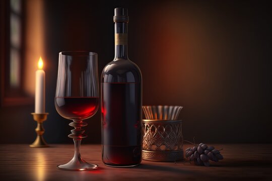 Red wineglass and bottle. Generative AI