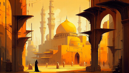 Golden Arabic Mosque at Sunset in an Ancient City Made with Generative AI