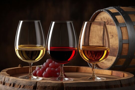 Three glasses of white, rose and red wine on a wooden barrel. Generative AI