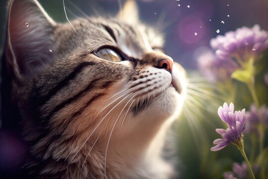 A close up image of A cat closes her eyes and detects aroma in the garden's air. Generative AI