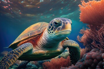 Fototapeta premium a close up of a sea turtle over a coral reef in Hawaii. Generative AI