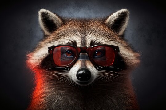 Portrait of a funny raccoon in red sunglasses. Generative AI